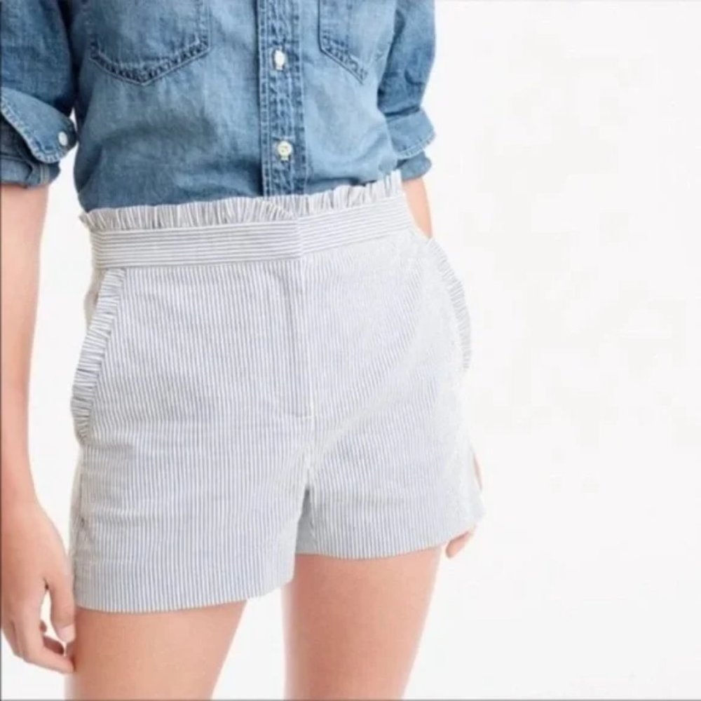 JCREW Blue Seersucker High Waist Ruffle Edge Shorts Size 2